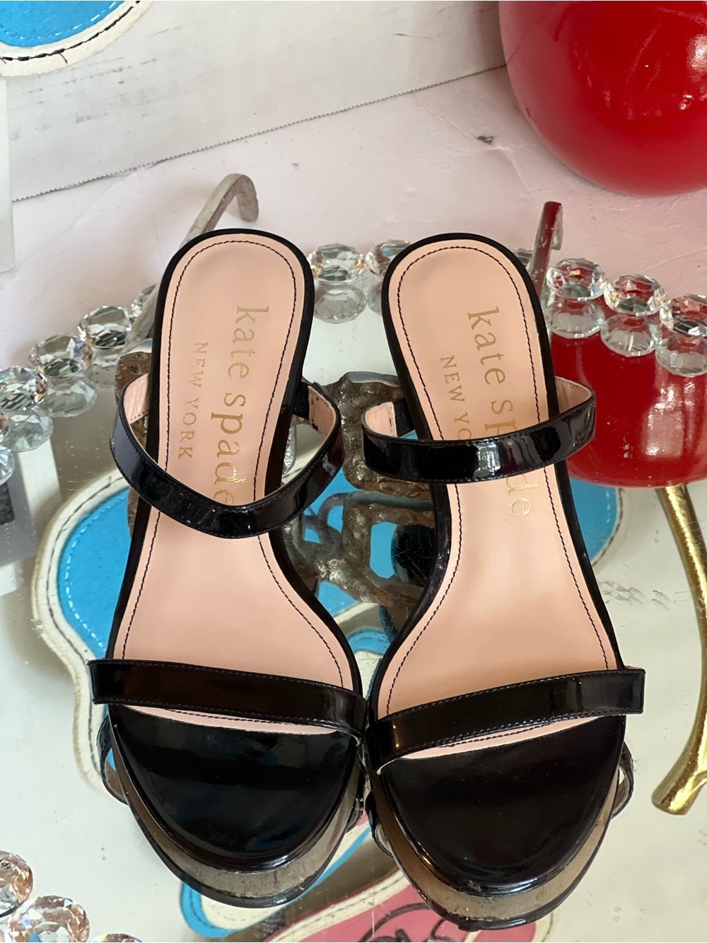 kate spade Black Patent Leather Two-Strap Slide Heels size 7 B - Picture 6 of 15